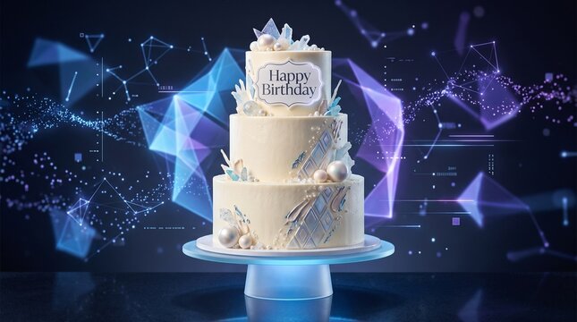 Three-tier Happy Birthday cake with holographic digital background