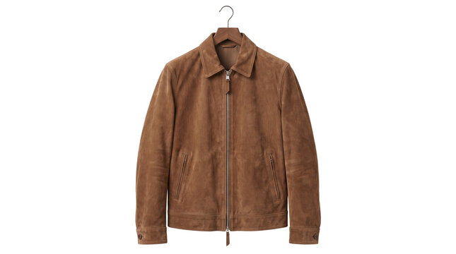 Elegant brown leather jacket hanging neatly on a wooden hanger against transparent background