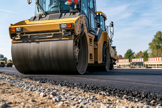 Yellow road roller compacts fresh asphalt under clear sky. Driver inside cab steers machine with focused intent. Gravel and asphalt lie ready for final smoothing
