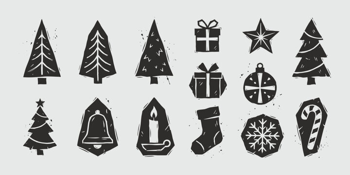 Collection of Rustic Christmas Icons in Hand-Drawn Linocut Style Featuring Holiday Trees, Gifts, Stars, and Winter Ornaments