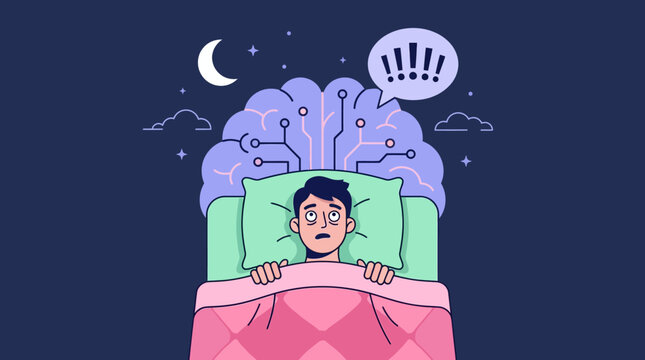 Insomnia and Overthinking Concept. Man lying awake in bed with digital brain and exclamation bubble. Ideal for mental health blogs and sleep disorder articles.
