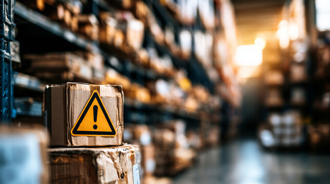 Cardboard Box with Yellow Caution Warning Sign Symbol in Industrial Warehouse
