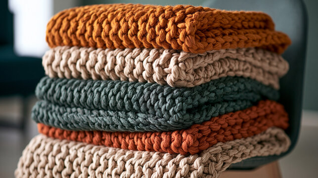 Stack of cozy colorful handmade knitted wool blankets resting neatly on a modern indoor chair