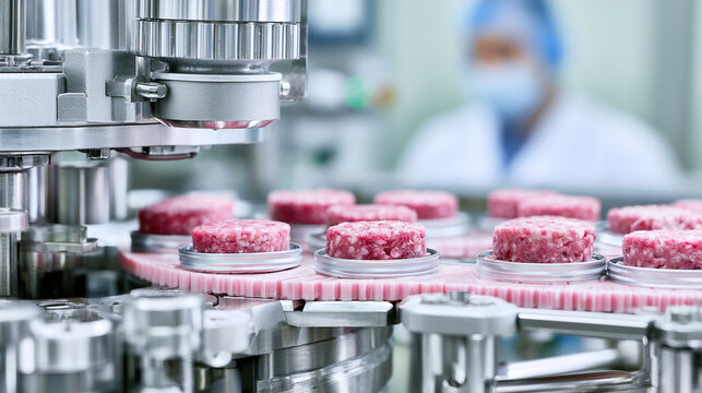Raw Minced Meat Portions in Open Metal Cans Food Production Factory
