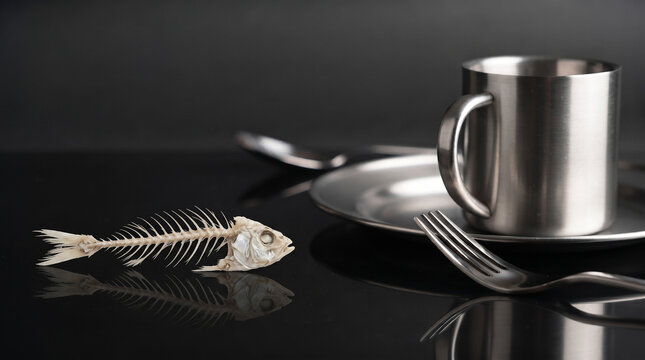 Close up of fish skeleton bone structure next to metal plate and cutlery