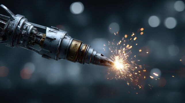 Detailed Close-Up of Mechanical Welding Tool Creating Spark in Industrial Environment for Technological Innovation