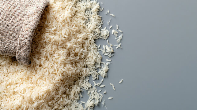 Raw Uncooked White Basmati Rice Spilling Out From A Sack Bag

