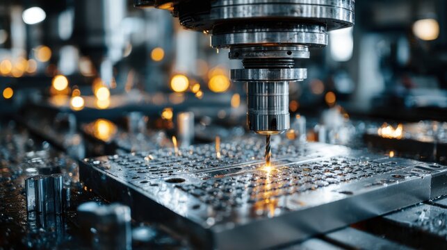 High-Precision CNC Machining Process with Spark and Coolant in Industrial Workshop Setting