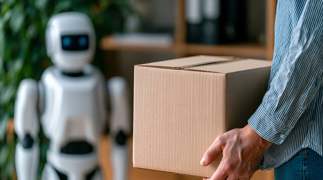 Businesswoman Holding Stack Of Cardboard Boxes With Robot In Office

