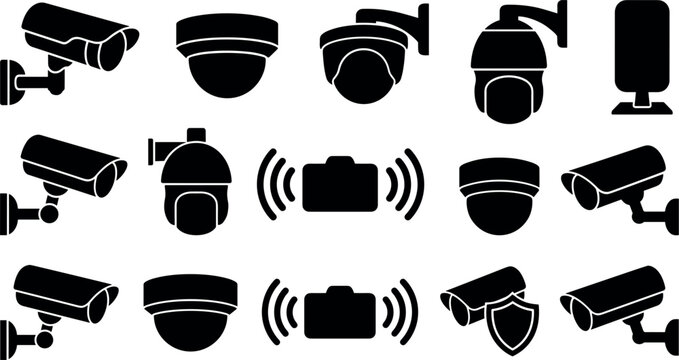 Set of security camera icons, cctv surveillance systems, and monitoring equipment vectors