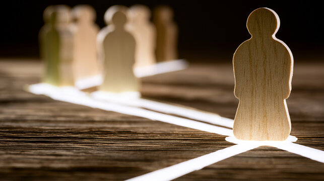 Glowing Line Connecting Wooden Peg Figures In A Dark Minimalist Setting
