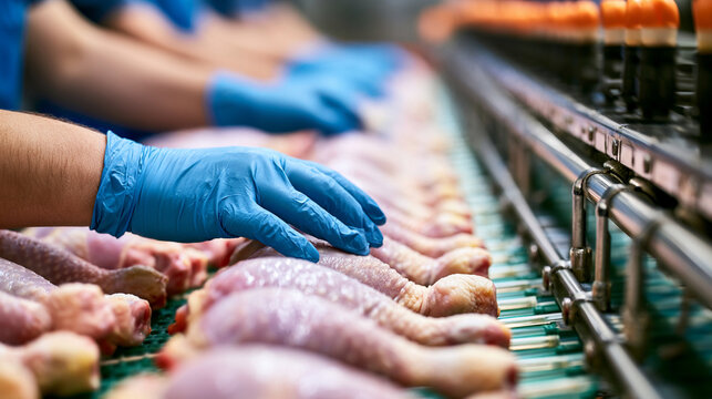 Poultry Factory Worker Sorting Fresh Raw Chicken Legs On Conveyor Belt Line   
