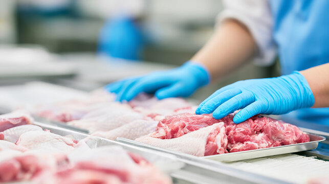 Poultry Factory Worker Sorting Fresh Raw Chicken Legs On Conveyor Belt Line   