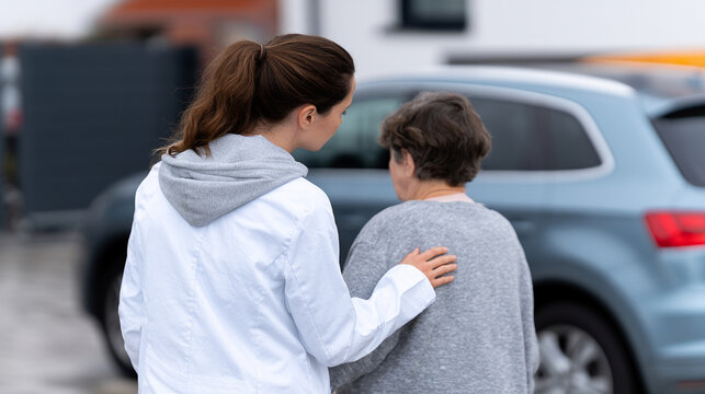 Young Nurse Supporting Senior Woman Walking Near Car Outdoors In Daytime   