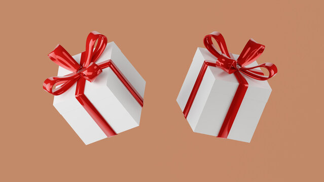 Double 3D floating White gift box with Red ribbon on Antique Brass based background color. 3D modeling object