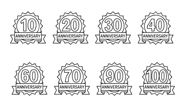 Anniversary milestone badge outline templates pack including decade markers from ten to one hundred years.