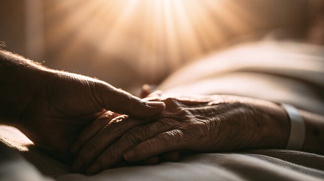 Human Hands Holding Senior Hand Under Bright Sun Light Background Outdoors   