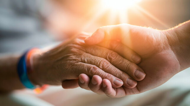 Human Hands Holding Senior Hand Under Bright Sun Light Background Outdoors   