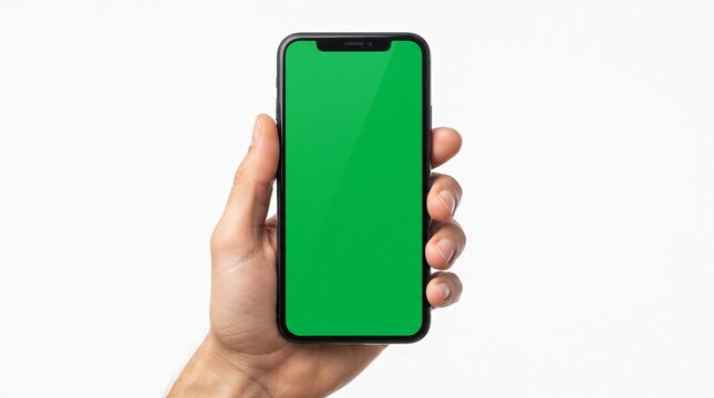 Hand Holding Modern Smartphone with Green Screen Mockup Isolated on White Background