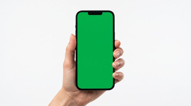 Hand Holding Modern Smartphone with Green Screen Mockup Isolated on White Background