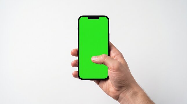 Hand Holding Modern Smartphone with Green Screen Mockup Isolated on White Background