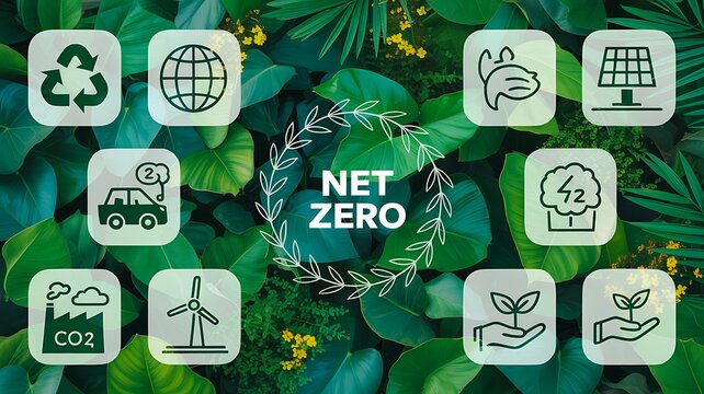 Net zero concept with sustainable technology and environmental icons on green foliage background