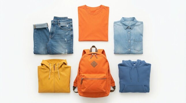 Folded casual clothes including orange t shirt blue jeans denim shirt yellow jacket orange backpack and blue hoodie arranged neatly on bright white surface