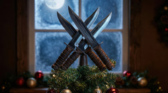Apocalyptic war world enters new year as crossed combat knife rises above winter holiday tree glowing with solemn hope