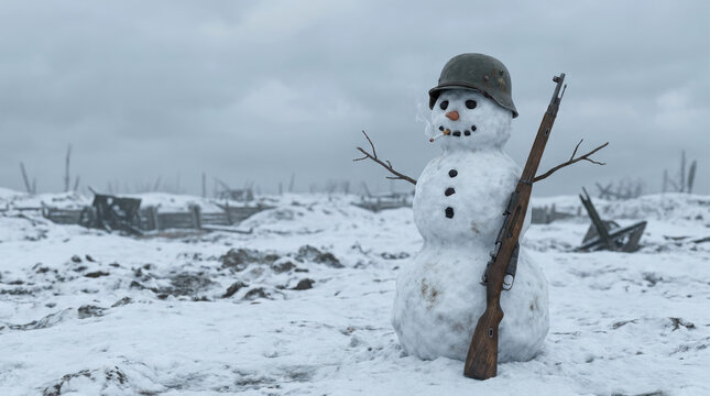 Snowman soldier in war torn winter landscape evokes new year amid apocalyptic world war grief and resilience