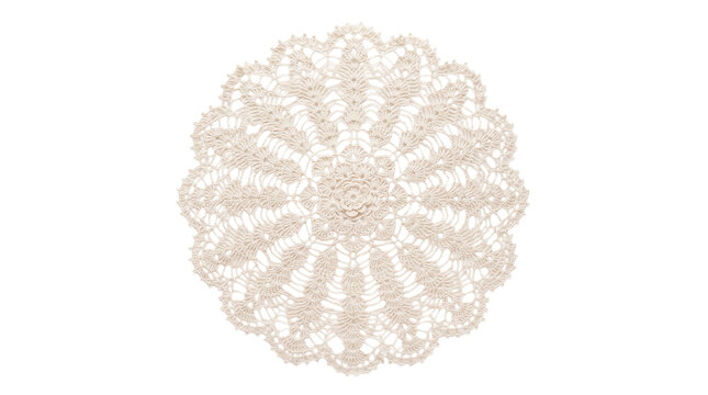 Intricate handmade crochet doily featuring beautiful white lace patterns arranged in a symmetrical circular floral design presented gracefully on transparent background