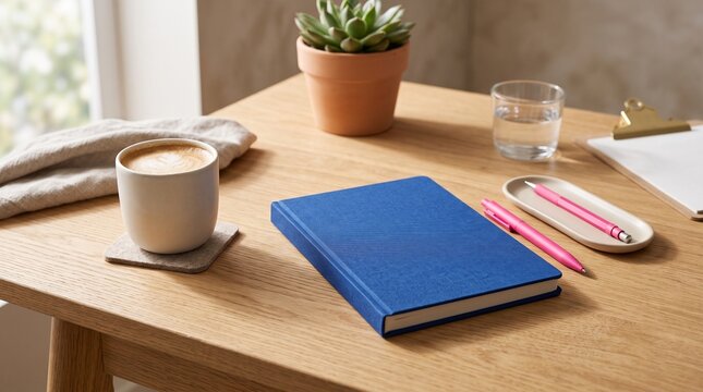 Cozy Workspace Desk with Blue Notebook Pink Pens Coffee Plant Glass Water Notepad