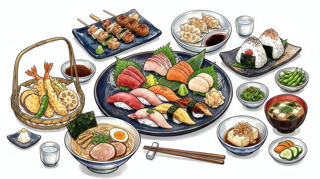 食品広告用の新鮮な海鮮寿司盛り合わせ、餃子、おにぎり、ラーメンを含むプレミアム和食メニューのイラスト