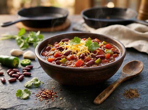 Bowl of hot chili con carne with red beans and melted cheese served on a dark stone table. chili cookoff
