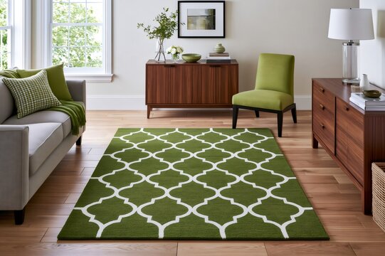 Modern living room interior design with green rug
