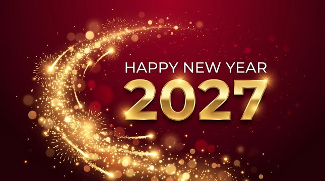Happy New Year 2027 greeting card with golden glowing fireworks background