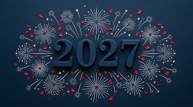 Happy New Year 2027 greeting card design with festive fireworks and celebration elements on dark blue background