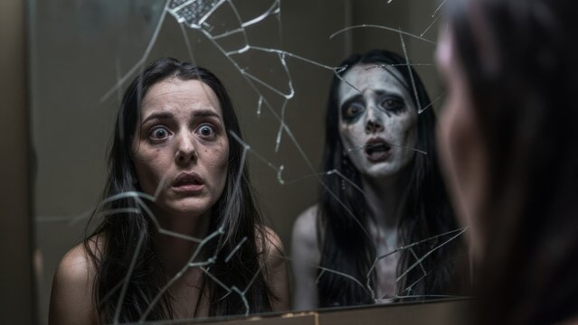 Woman Stares in Fear at Broken Mirror with Haunting Reflection