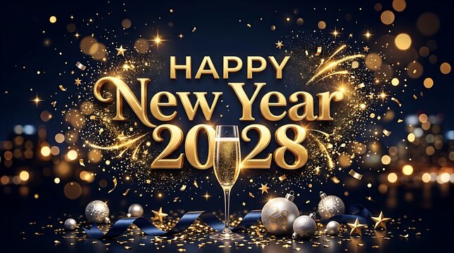 Happy New Year 2028 golden typography with sparkling champagne flute and decorative festive elements on a dark background