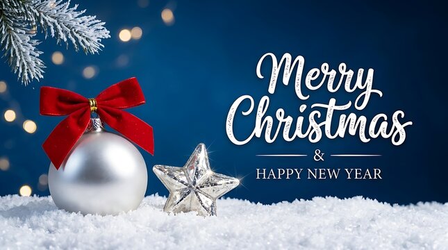 Merry Christmas and Happy New Year greeting card with silver bauble and star on snow against a festive dark blue background