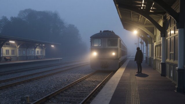 Train in the Fog at Station with Person Waiting for Arrival