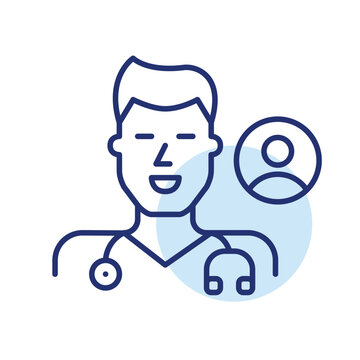 Man doctor with stethoscope. Patient access, clinical profile, healthcare connection. Pixel perfect, editable stroke vector icon