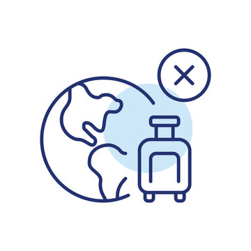 Travel restriction, earth with luggage and cross. Pixel perfect, editable stroke vector icon