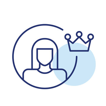 Woman avatar and crown. Premium user access, exclusive member benefits, vip personal service. Pixel perfect, editable stroke vector icon