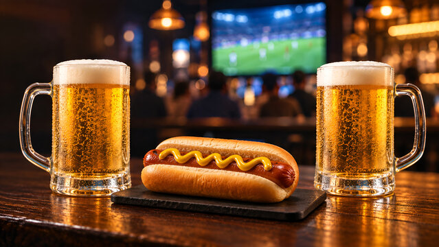 Two beers and hot dog in sports bar during football watch party