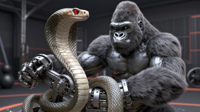 Gorilla with robotic arms holding a snake in a futuristic setting