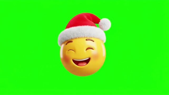 Three yellow emoji faces wearing red santa hats floating against a vibrant green screen background