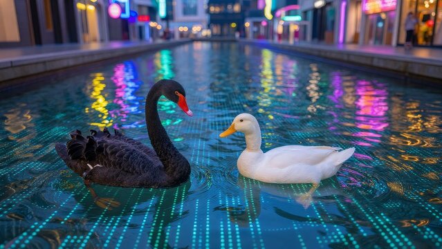 Black Swan and White Duck Swimming Together in Colorful Waterway