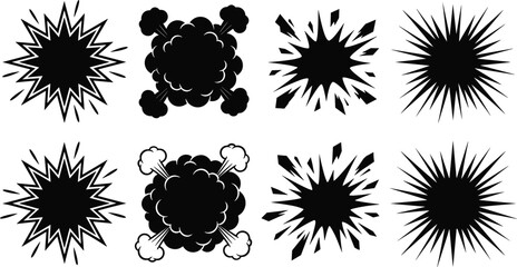 Black comic book explosion burst set featuring cartoon action starburst clouds, pop art blast shapes, and comic strip boom vector elements © MDShahin