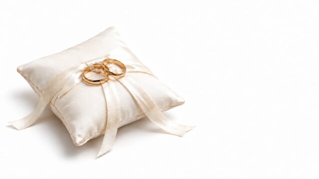 Wedding rings on ivory ring pillow lower-left 38% on white, 62% right copy space banner