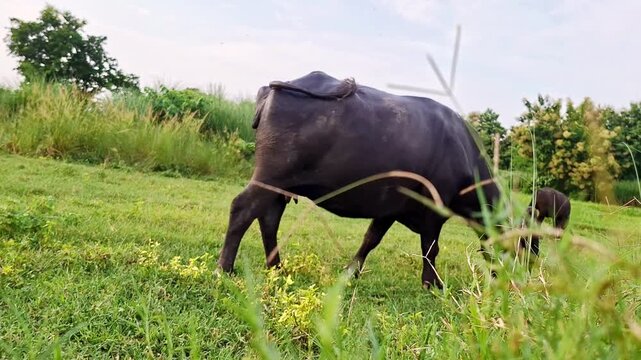 Domestic Buffalo Walking Across Open Farm Meadow